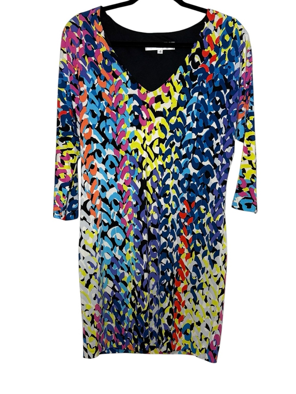 Trina Turk Dress Size 4 Multicolor Geometric V Neck 3/4 Sleeve‎ Shift Lined